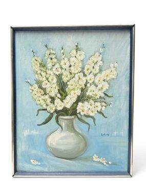 Vintage Original Signed Still Life Flowers in Pitcher Painting 16x20 Blue Framed